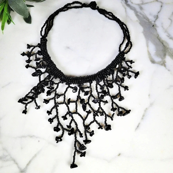 Black Glass Fringe Necklace Choker Goth Grandma Spooky Coral Dark Fairy … - Picture 3 of 10